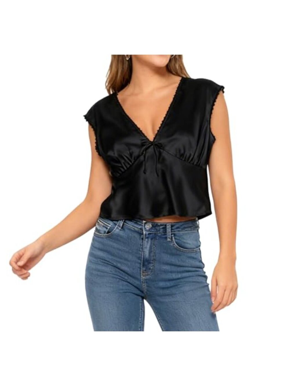 Xintianji Women Satin Tie Front Top Cap Sleeve Silk Blouse